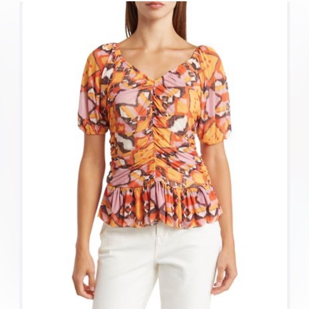 DR2 BY DANIEL RAINN Puff Sleeve Ruched Mesh Peplum Top
